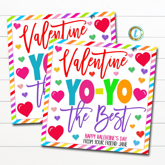Valentine Yo-Yo Gift Tags, Yo Yo The Best, Valentine's Day Toy, Friendship Kids Classroom School Card Tag Idea, DIY Editable Template