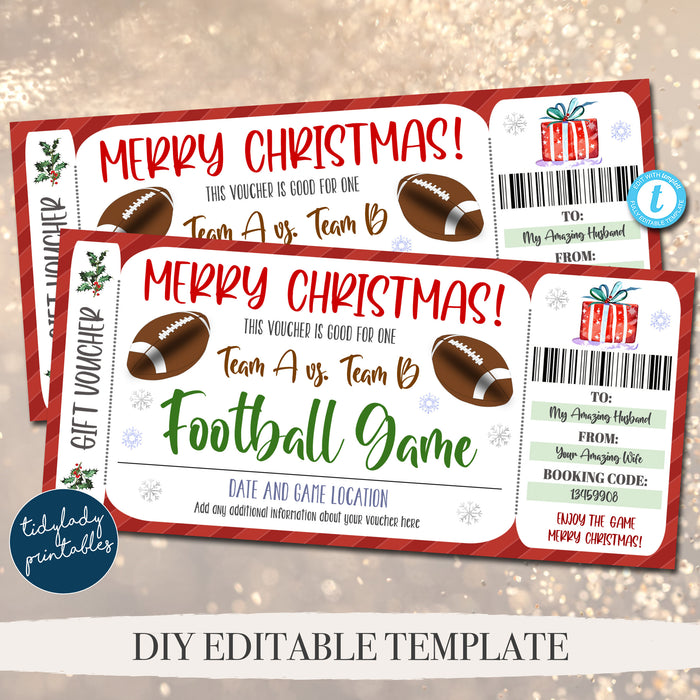 Christmas Ticket Voucher, Football Game Ticket Printable Template, Holiday Gift For Him Husband Sports Surpise Gift Idea, Editable Template