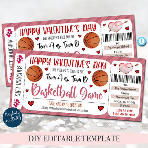 Valentine's Day Ticket Voucher, Basketball Game Ticket Printable Template, Valentine Gift For Him Sports Surpise Gift Idea Editable Template
