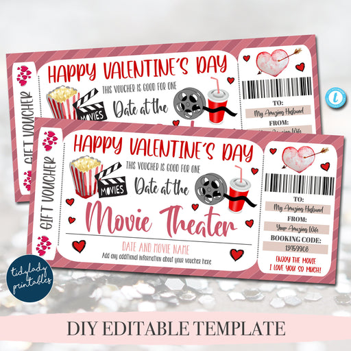 Valentine's Day Ticket Voucher, Movie Theater Ticket Printable Template, Valentine Gift For Theater Cinema Pass Surpise Gift Idea, EDITABLE