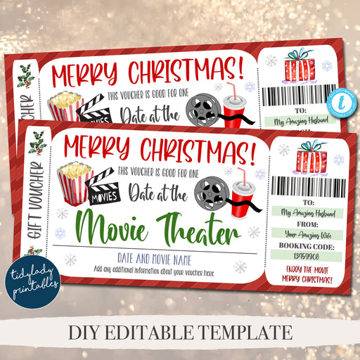 Christmas Movie Ticket Voucher, Movie Theater Ticket Printable Template, Holiday Gift For Theater Cinema Pass Surpise Gift Idea, EDITABLE