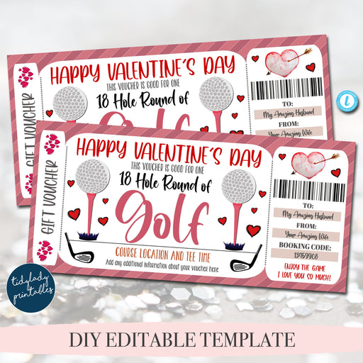 Valentine's Day Golfing Ticket Voucher, Round of Golf Game Ticket Printable Template, Valentine Gift For Him Sports Surpise Gift, EDITABLE