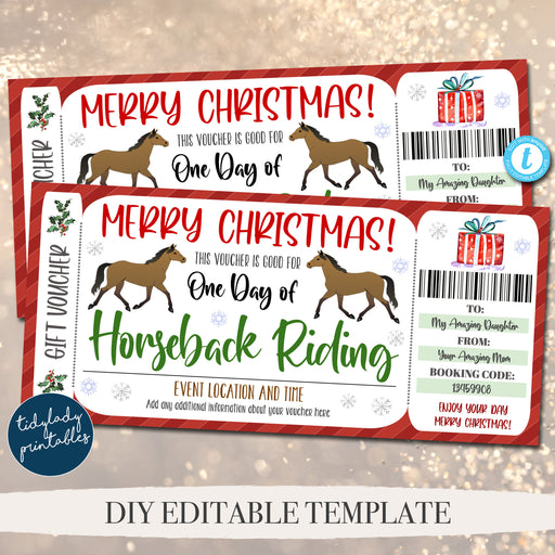 Christmas Horseback Riding Ticket Voucher, Coupon Printable Template, Holiday Gift For Horse Lovers, Stables Pass Surpise Gift Idea EDITABLE