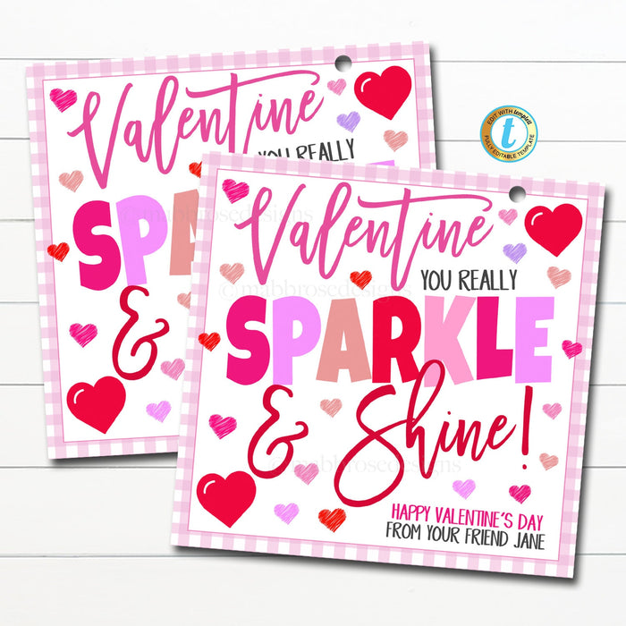 Valentine Gift Tags, You Sparkle and Shine, Girl Gem Necklace, Jewelry Glitter Friendship Bracelet, Kids Classroom School, Editable Template