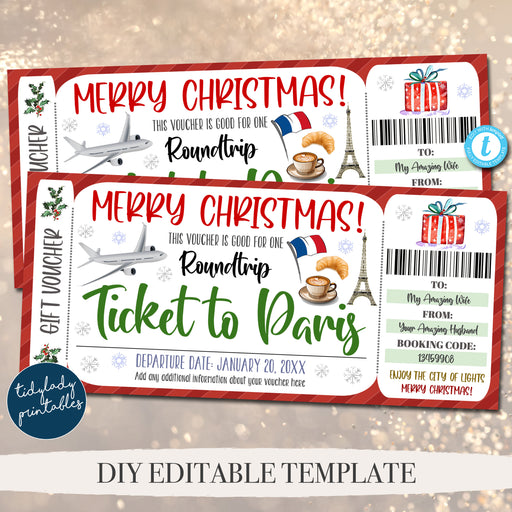 Christmas Ticket To Paris Voucher, Europe Travel Destination Ticket Printable Template, Holiday Gift For Her Surpise Gift Idea, EDITABLE