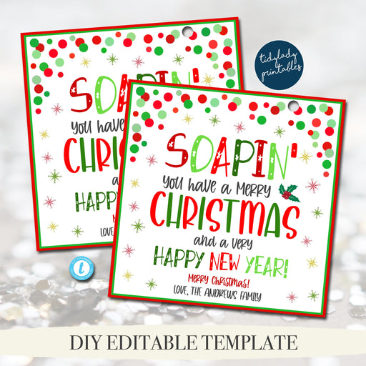 Christmas Soap Gift Tag Soapin you have a Merry Christmas, Hand Sanitizer Label, Holiday White Elephant Secret Santa Gift Editable Template