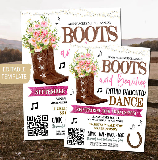 Boots and Beauties Dance Theme Template Printable High School Formal, Homecoming Senior Junior Prom, Daddy Daughter Dance Flyer, EDITABLE