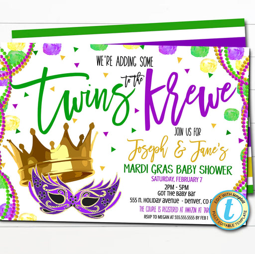 Mardi Gras Twins Baby Shower Invitation, New to the Krewe, Fat Tuesday King Cake Party Editable Template, New Orleans Sprinkle, EDITABLE