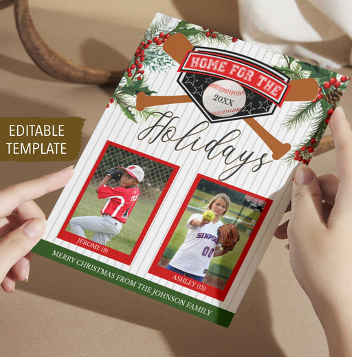Baseball Christmas Card, Home for the Holidays, Holiday Greeting photo card, family kids holiday baseball fans photo card, Editable Template