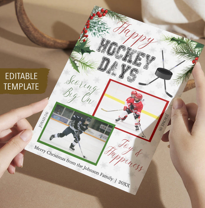 Hockey Christmas Card, Happy Hockey Days, Holiday Greeting photo card, family kids holiday hockey sports fans photo card, Editable Template