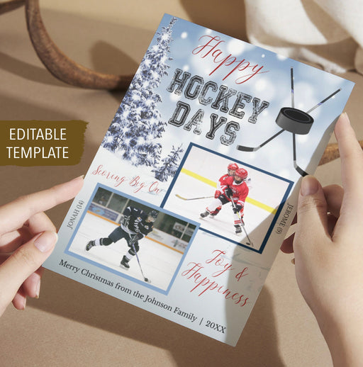 Hockey Christmas Card, Happy Hockey Days, Holiday Greeting photo card, family kids holiday hockey sports fans photo card, Editable Template