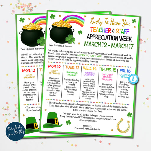 EDITABLE St. Patricks Day Teacher Appreciation Week Itinerary Poster Lucky Theme Appreciation Week Schedule Event, Take Home Flyer Template