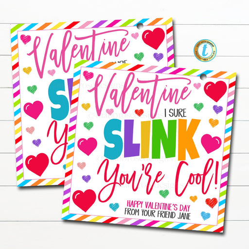 Valentine Slinky Gift Tags, I Slink You're Cool, Valentine's Day Toy, Friendship Kids Classroom School Card Tag Idea, DIY Editable Template