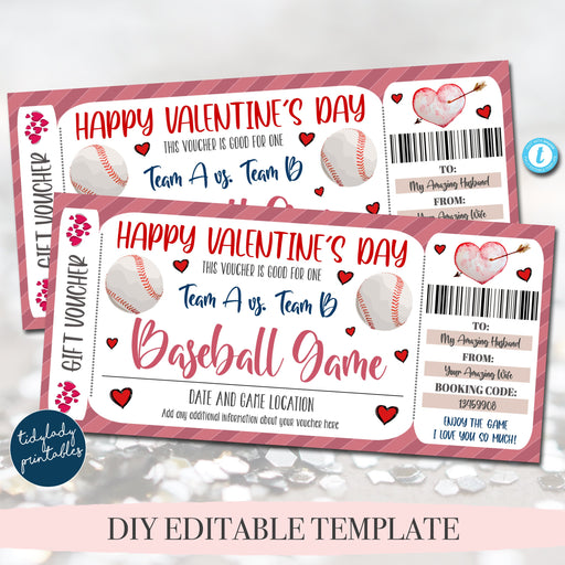 Valentine's Day Ticket Voucher, Baseball Game Ticket Printable Template, Valentine Gift For Him Sports Surpise Gift Idea, Editable Template
