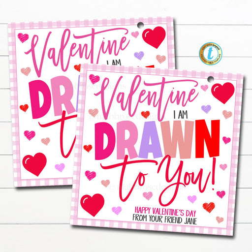 Valentine Gift Tags, Valentine I'm Drawn to You, Pencil Marker Crayon Toy, Friendship Kids Classroom School Card Tag Idea, Editable Template