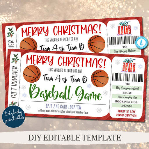 Christmas Ticket Voucher, Basketball Game Ticket Printable Template, Holiday Gift For Him Husband Sports Surpise Gift Idea Editable Template