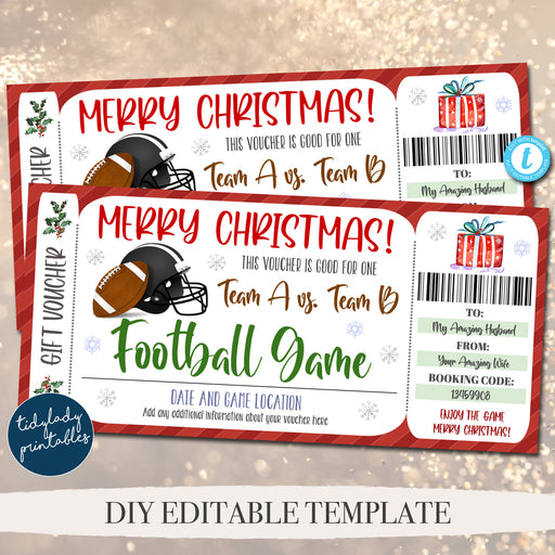 Christmas Ticket Voucher, Football Game Ticket Printable Template, Holiday Gift For Him Husband Sports Surpise Gift Idea, Editable Template