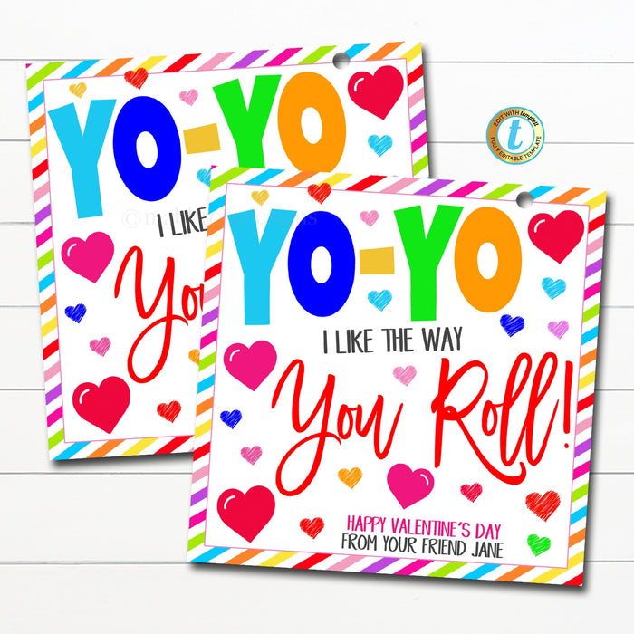 Valentine Yo-Yo Gift Tags, I like the way Yo Yo Roll, Valentine's Day Toy, Friendship Kids Classroom School Card Tag Idea, Editable Template