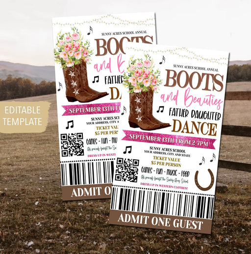 Boots and Beauties Dance Theme Ticket Template Printable High School Formal, Homecoming Senior Junior Prom, Daddy Daughter Dance, EDITABLE