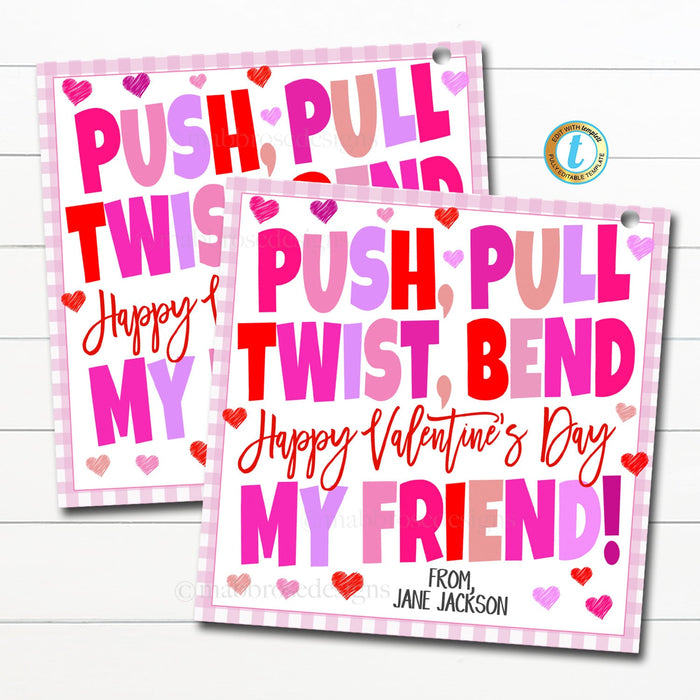 Valentine Pop Tube Gift Tags, Push Pull Twist Bend Valentine's Day Friend Gift Tag Fidget Kid Toy Preschool Classroom Printable, EDITABLE