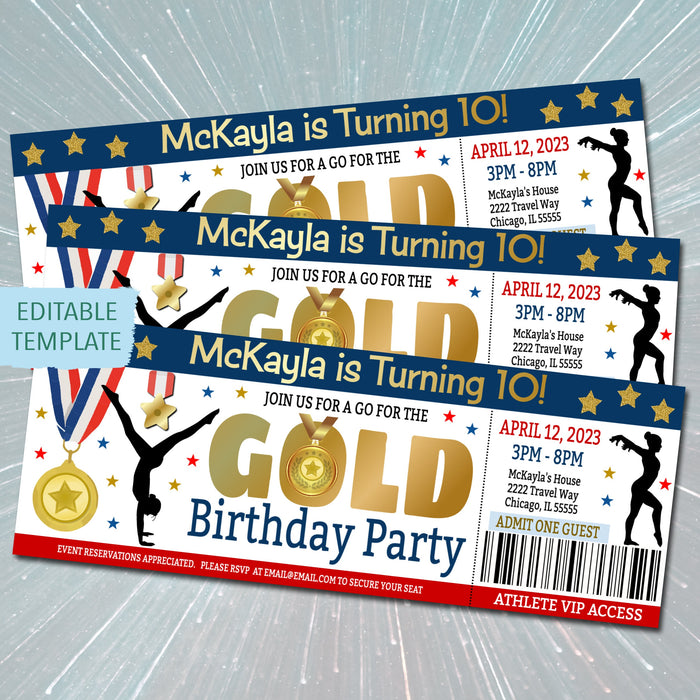 Gold Medal Theme Gymnastics Party Ticket Invite, Kids Sports Birthday Theme, Summer Games Girl Invitation, Go For the Gold Editable Template