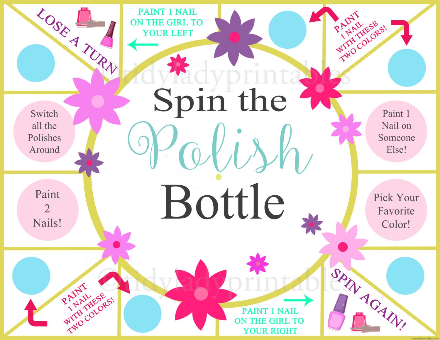 Spin the Nail Polish Bottle Printable Game, Girls Party Game, Spa Part — TidyLady Printables for Free Printable Printable Sleepover Games