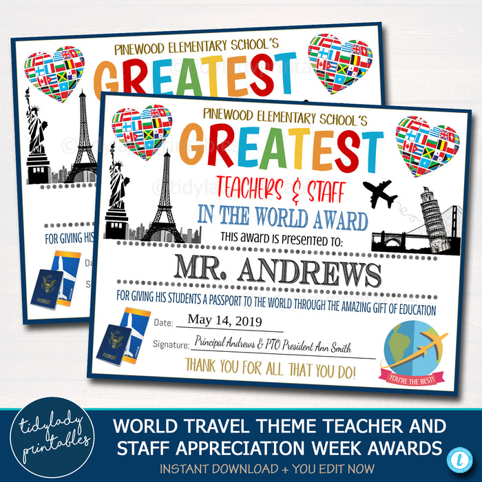 International World Theme Teacher Appreciation Printable Award Certificates