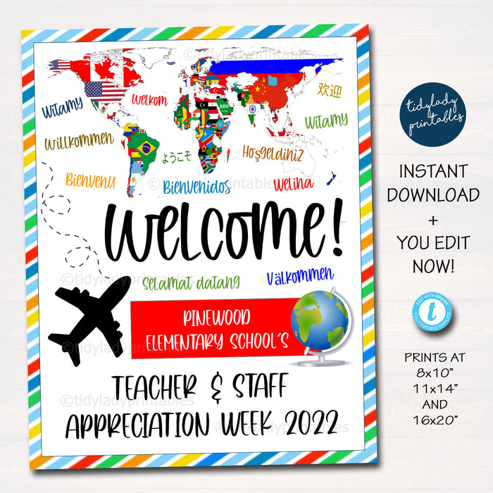 International World Theme Teacher Appreciation Week Welcome Sign
