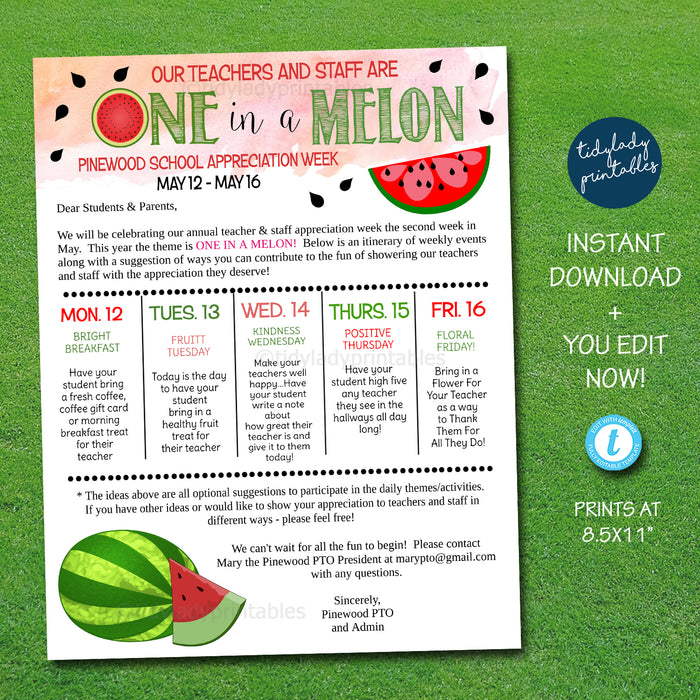 On in a Melon Watermelon Theme Teacher Appreciation Week Take Home Newsletter Printable Template