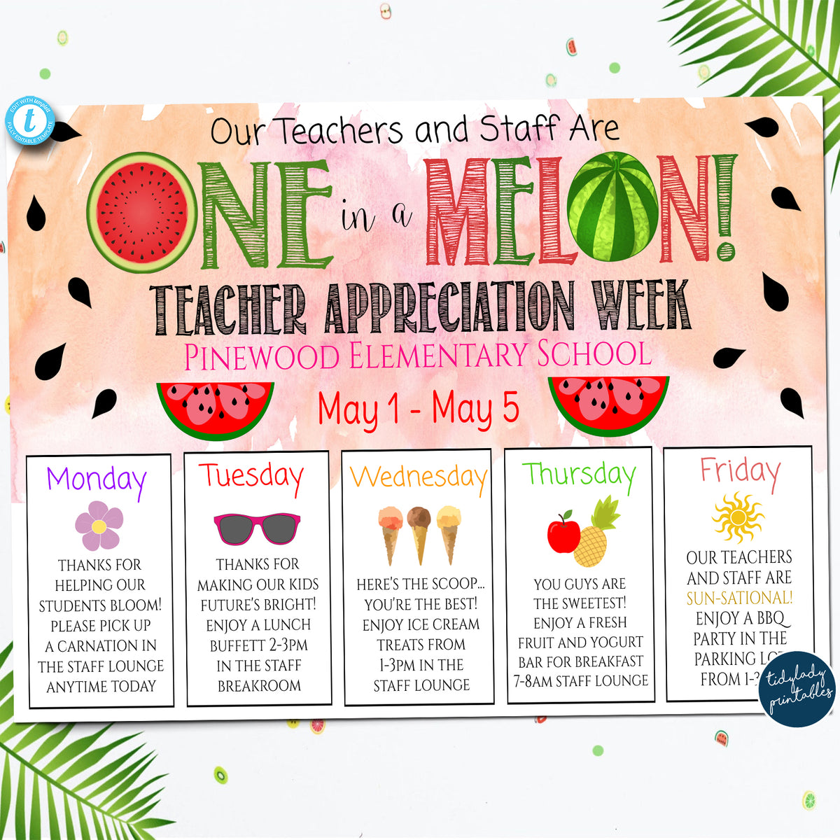 Watermelon Theme Teacher Appreciation Week Itinerary Template ...