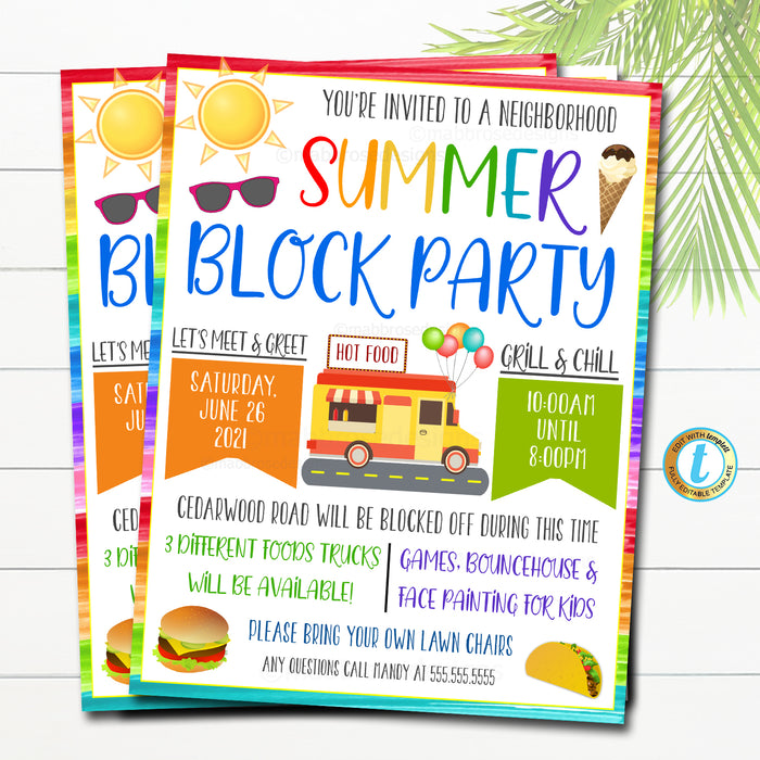 Neighborhood Block Party Invite, Food Truck Festival, Fiesta Announcement Flyer Digital File Printable Invitation, INSTANT DOWNLOAD