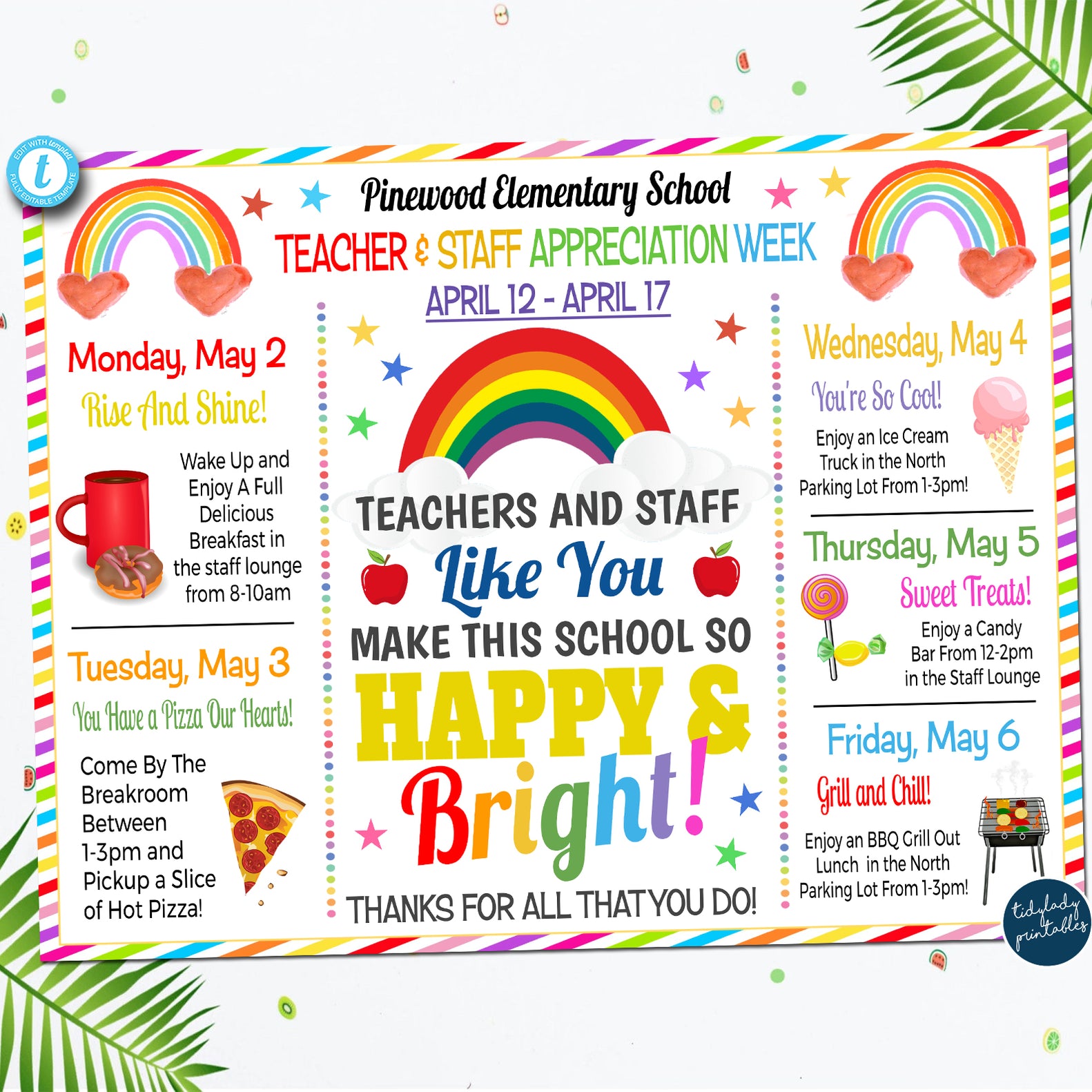 Rainbow Theme Teacher Appreciation Week Printable Party Set — TidyLady ...