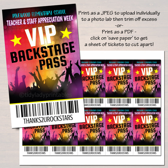 Rockstar Theme Teacher Appreciation Printable VIP Back Stage Passes