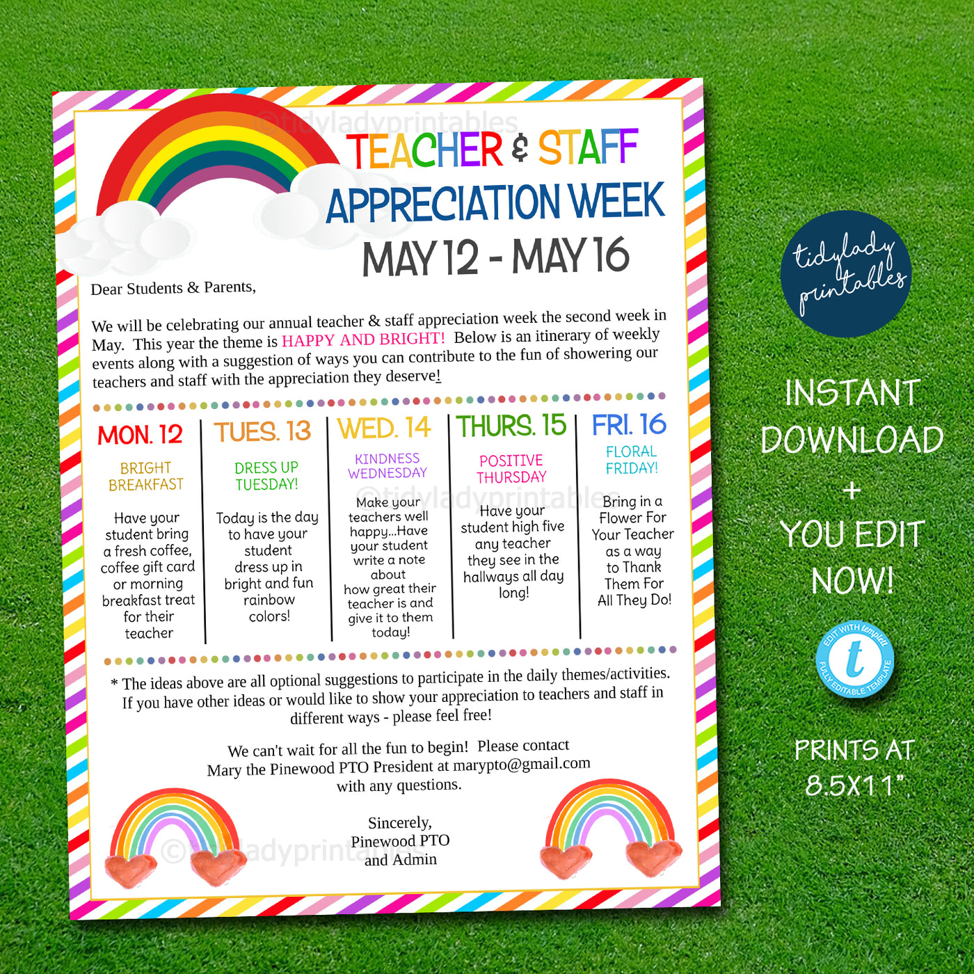 Rainbow Theme Teacher Appreciation Week Printable Party Set — TidyLady ...