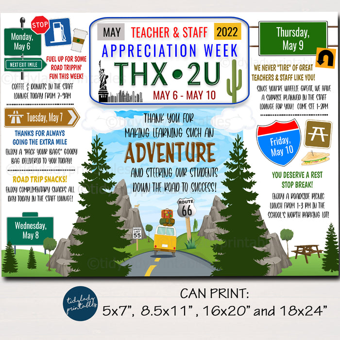 Road Trip Themed Teacher Appreciation Week Itinerary Poster Printable
