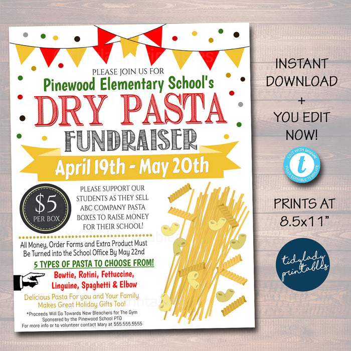 Dry Pasta Noodles Fundraiser Flyer, Church School PTA PTO Team Sports Fundraising, Editable Template
