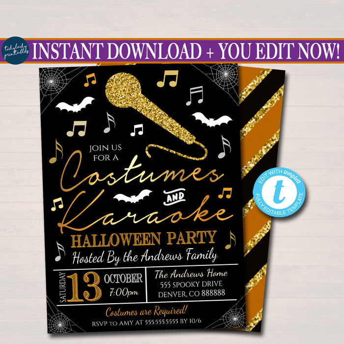 Halloween Karaoke Party Invitation, Costumes and Cocktails Singing Party, Editable Template