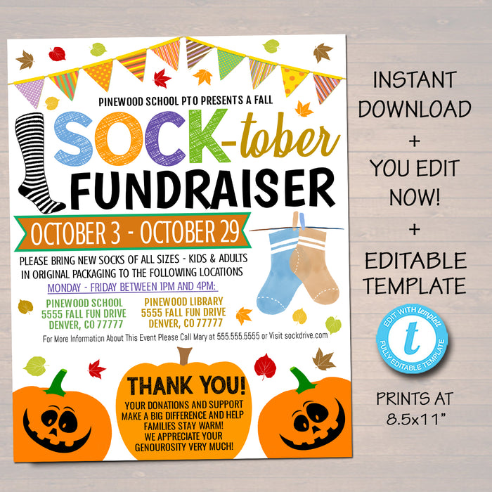 Sock Drive Socktober Fall Clothing Drive Flyer, Charity Church School Donations Fundraiser, Editable Template