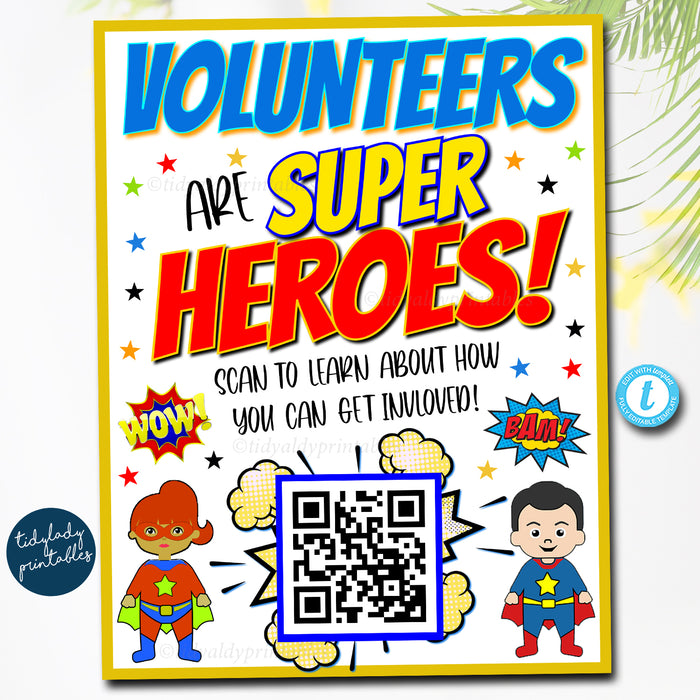 Superhero School Pto/Pta Volunteer Recruitment Fundraising Sign Marketing QR Code Poster Template