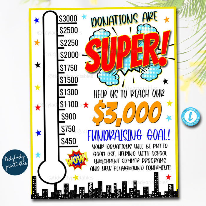 Superhero Thermometer Fundraising Goal Poster, School Pto/Pta Sponsorship Donations Fundraising Template