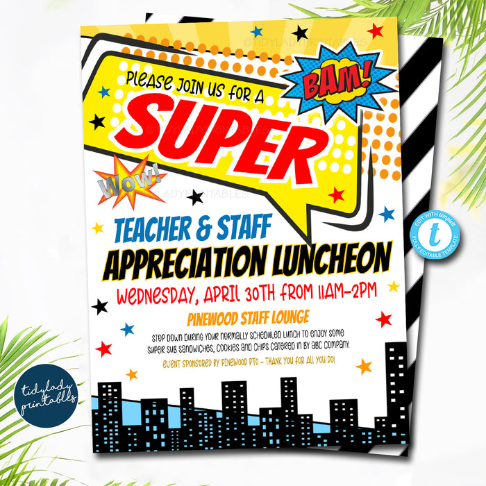 Superhero Theme Teacher Appreciation Staff Invitation Printable