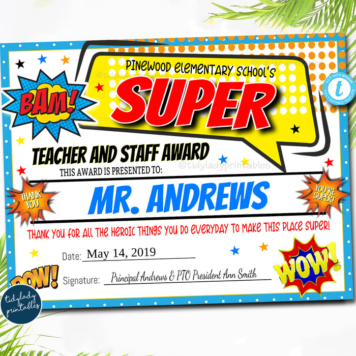 Superhero Theme Teacher Appreciation Week Award Certificates
