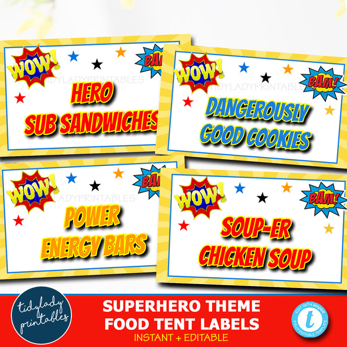 Superhero Party Theme Printable Food Tent Labels