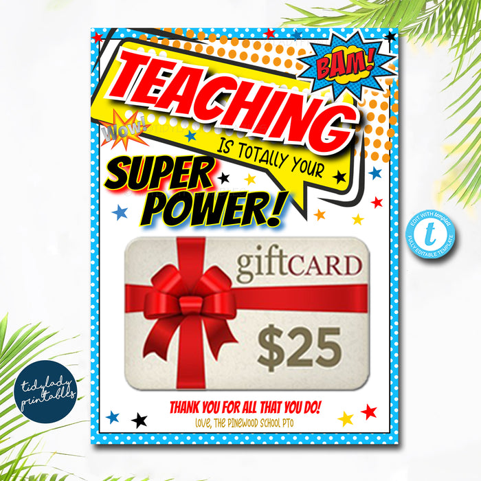 Superhero Theme Teacher Appreciation Week Thank You Gift Card Holder Printable
