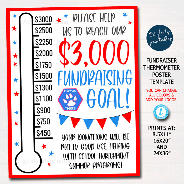 School Fundraising Goal Poster, School Pto/Pta Sponsorship Donations Fundraiser Tracker Template