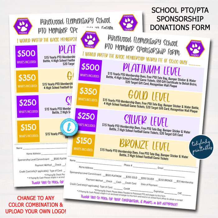 School Pto Pta Sponsorship Form, Editable Printable Template