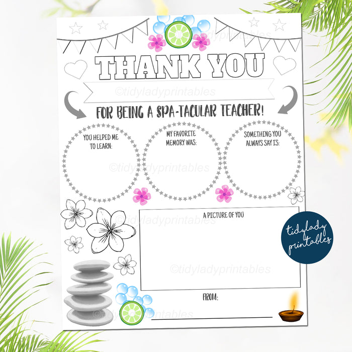 Spa Theme Teacher Appreciation Week All About My Teacher Worksheet, Thank You Coloring Page PRINTABLE