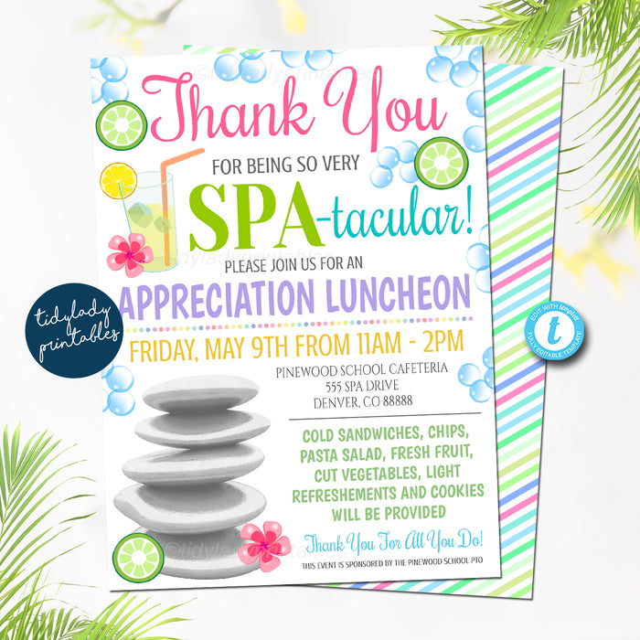 Spa Theme Appreciation Luncheon Invite, Teacher Staff Appreciation Week, Thank You Event Printable