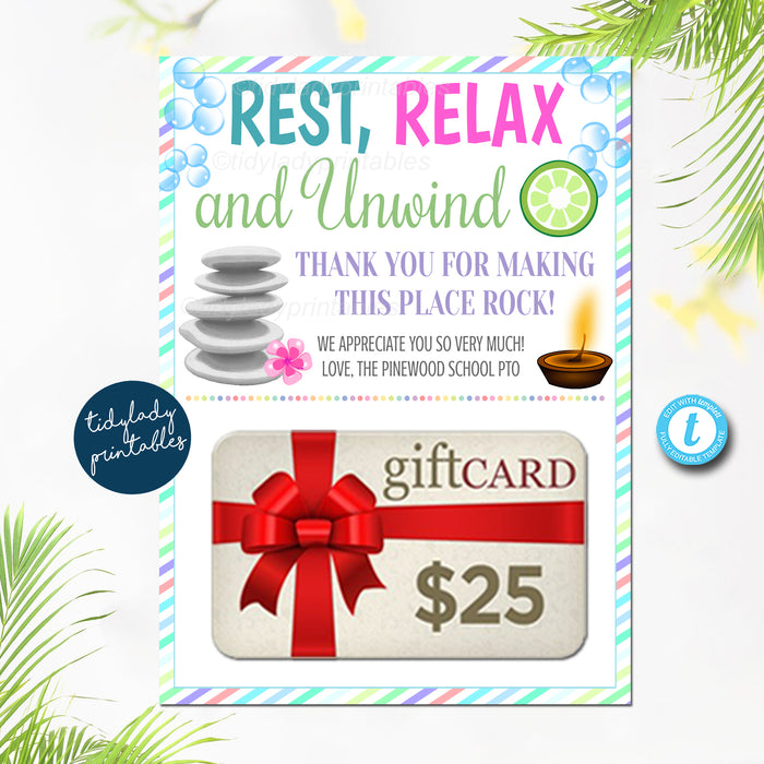 Spa Theme Printable Gift Card Holder, Rest and Unwind Relaxing Staff Teacher Appreciation Gift Idea
