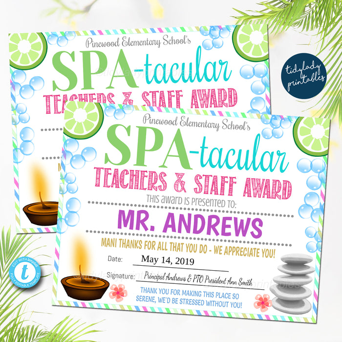Spa Theme Teacher Appreciation Week Award Certificates
